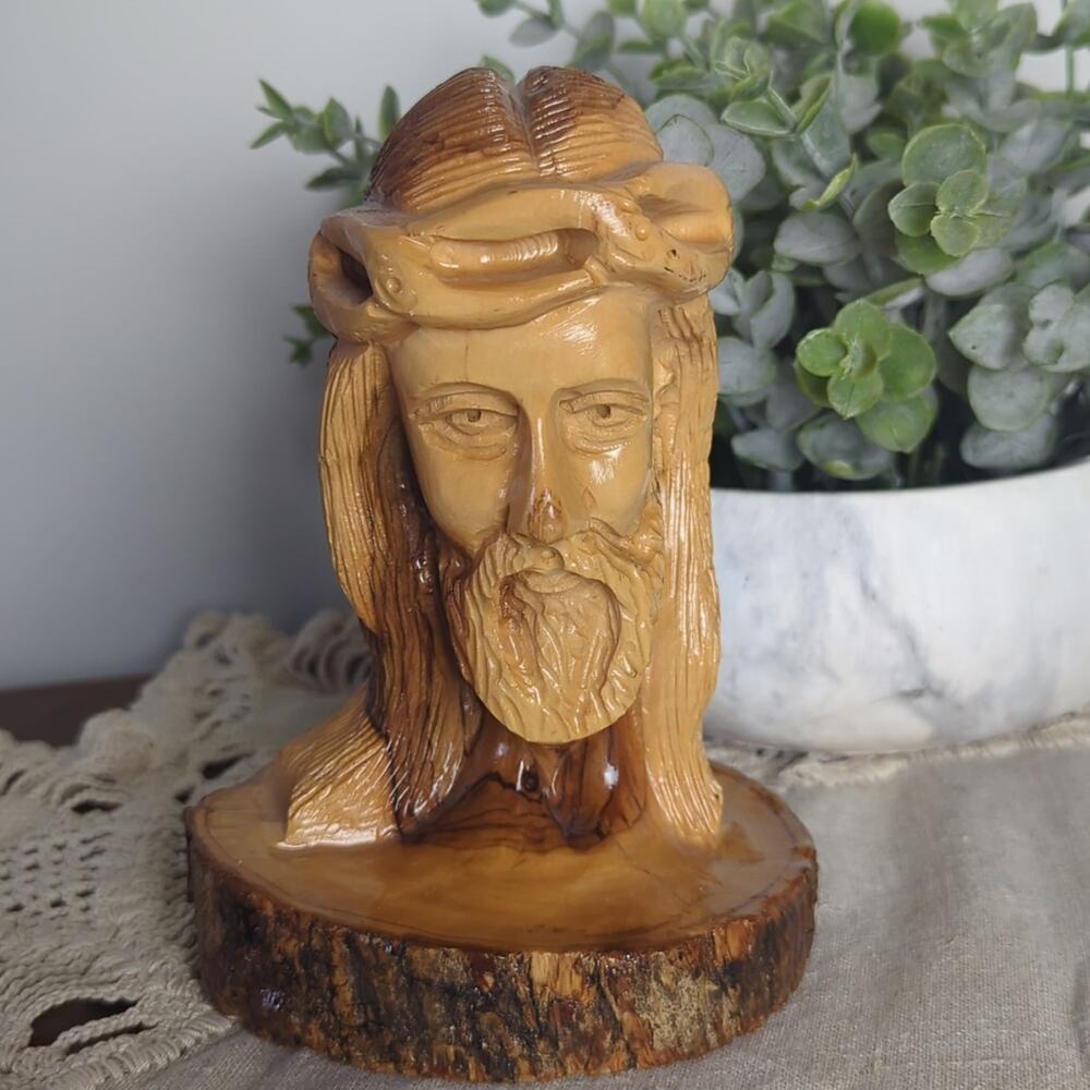 Vintage Hand Carved Olive Wood Jesus Bust Holy Land Israel Religious Carving